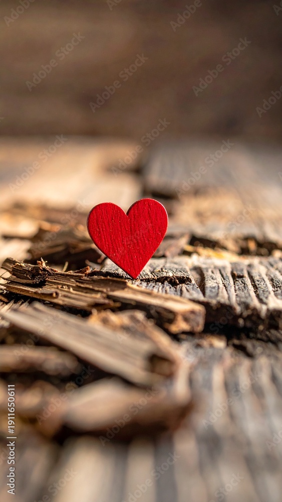 Fototapeta premium Red Heart Symbol on Rustic Wood Surface Expressing Love and Connection for Creative Concepts and Designs.