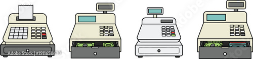 Vintage and Modern Cash Register Machines Set with Open Drawer and Money in Hand Drawn Flat Vector Illustration