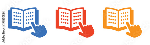Interactive reading icons showing hand pointing at open book in blue red and orange