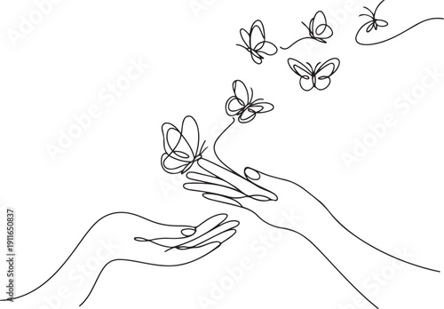 hands release butterflies. Hand with butterfly on finger, freedom and carefree summer.one line icon illustration with white background