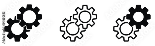 Interlocking gears in black and outline styles for connection and teamwork