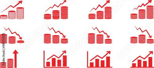 Financial growth icons with coins and graphs showing increase