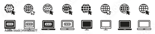 Internet and computer icons showing computer monitor laptop and globe with cursor for web browsing and technology