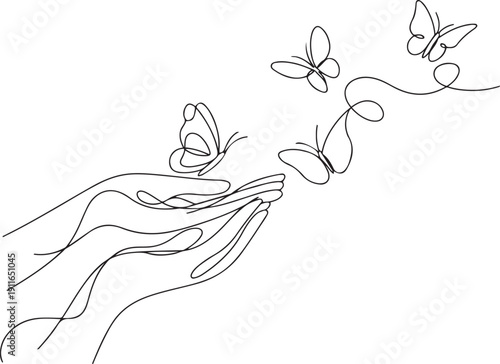 hands release butterflies. Hand with butterfly on finger, freedom and carefree summer.one line icon illustration with white background