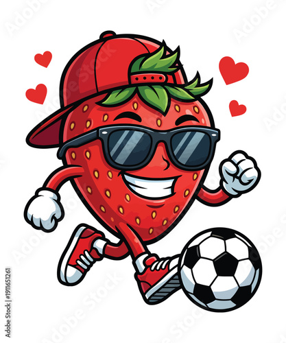 Cool cartoon strawberry character wearing sunglasses and a cap, happily dribbling a soccer ball with red hearts, symbolizing fun.