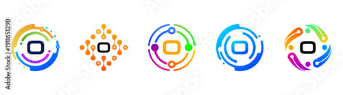 Set of abstract letter O technology logos with colorful gradients and circular network elements. Modern futuristic symbols for AI, digital innovation, branding, apps, and tech companies