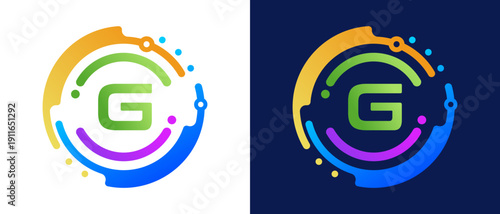 Modern letter “G” logo with circular abstract elements and colorful gradient design, symbolizing digital technology, innovation, data connectivity, and modern branding.