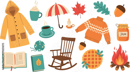 Cozy autumn illustration set with fall clothing, sweater, raincoat, rocking chair, coffee, books, pie, fire, and seasonal hygge elements for warm lifestyle designs