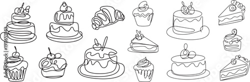 One line drawing of cakes. Continuous contour sketch of pastry dessert, minimal sweet bakery outline icons, cafe menu concept.one line icon illustration with white background