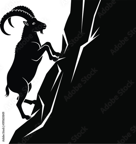 Mountain Goat Climbing Steep Rocky Cliff Illustration from Left Side View