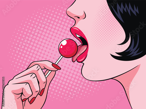 Woman licking Lollipop. Pop art comic illustration.