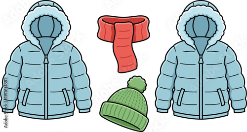 Winter Clothing Set with Puffer Jackets Scarf and Knitted Hat in Hand Drawn Flat Vector Illustration