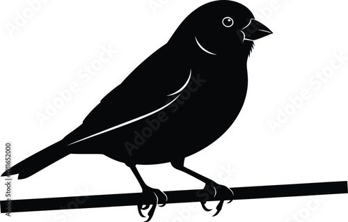 Black bird silhouette perched on wire viewed from side in simple vector illustration