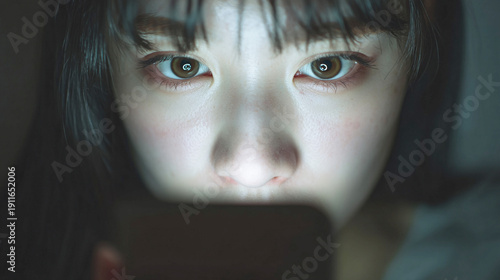 暗い部屋でスマートフォンの画面を凝視する女性

