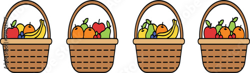 Wicker Baskets Filled with Fresh Fruits Collection in Hand Drawn Flat Vector Illustration