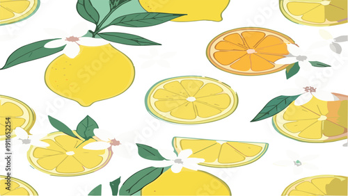 Seamless lemon citrus pattern vector illustration with fresh slices flowers and leaves, hand drawn summer background design