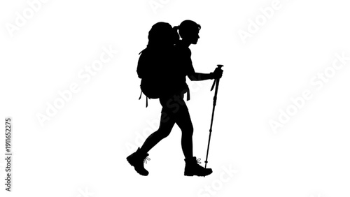 Silhouette of a Woman Hiking with Backpack and Poles