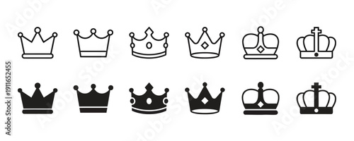 Line art and solid crown icons symbols representing royalty and power