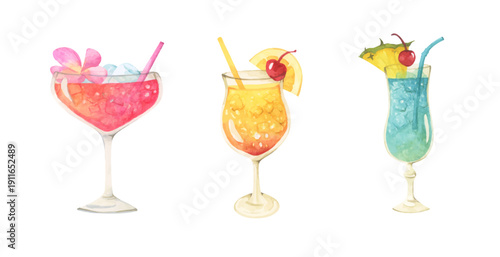 Watercolor summer drink cocktail set, tropical beverage glass with fruit juice, ice cubes, beach vibes coastal bar atmosphere, celebration party cheers mood.