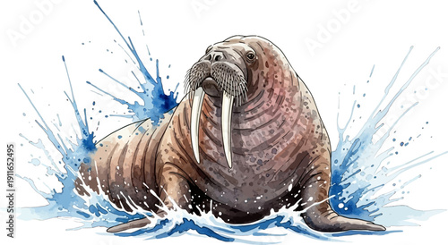 Walrus Splashing in Water, Watercolor Illustration Isolated on White