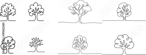 Set of Tree plant doodle outline vector forest environment.one line icon illustration with white background