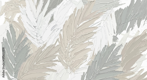 Abstract botanical pattern featuring overlapping palm leaves in neutral tones.