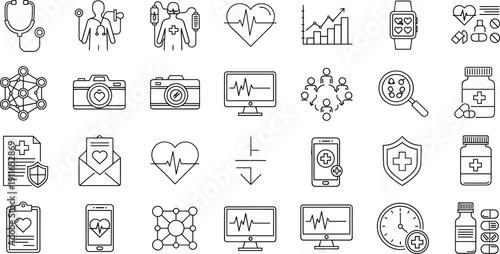 Minimal medical and healthcare line icon set for telemedicine, diagnostics, hospital services, health data, and patient care concepts