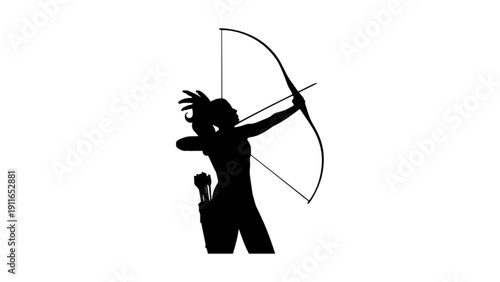 Silhouette of a Woman Archer Aiming with Bow and Arrow