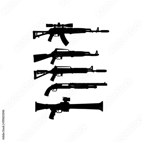 Military Firearms Silhouette Collection Sniper AK47 Shotgun Launcher Vector