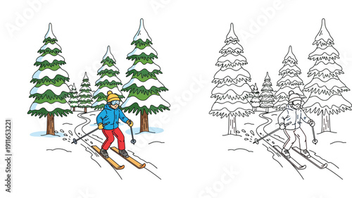 Cartoon skier skiing downhill in winter forest, colored illustration and black and white outline for coloring book page, vector line art, winter sports activity for children education.
