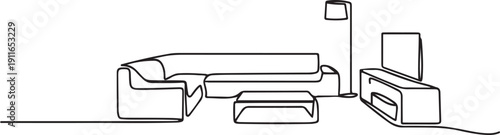 Single one line drawing interior room concept. living room set with furniture.one line icon illustration with white background