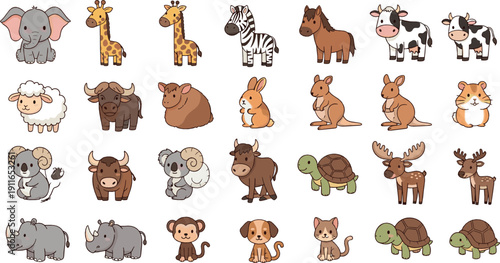 Cute animal characters illustration set with farm, wild, and zoo animals including giraffe, elephant, cow, rabbit, turtle, and woodland creatures