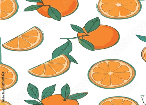 Seamless orange fruit pattern vector illustration with fresh citrus slices and leaves, modern hand drawn summer background design