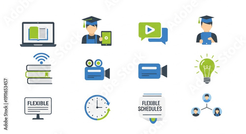Online Education Icons Representing Learning and Technology.