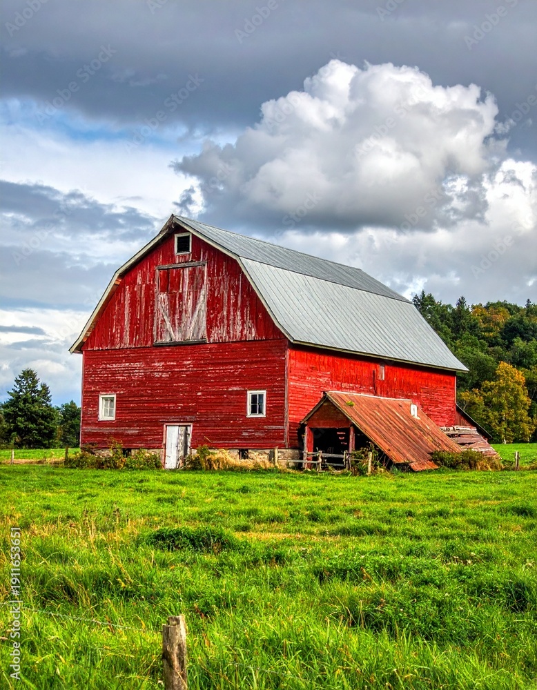 Fototapeta premium Rustic Red Barn Amidst Green Pasture Under a Cloudy Sky A Charming Rural Scene.