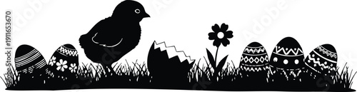 Black silhouette of a small chick standing on grass next to a cracked eggshell surrounded by decorated easter eggs and a flower in minimalist vector art style