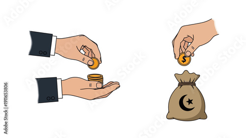 Handing Over Coins to a Money Bag with Crescent Symbol