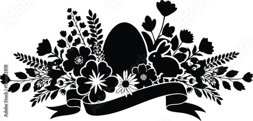 Elegant black silhouette of easter egg surrounded by detailed spring flowers and leaves with cute bunny sitting on ribbon banner vector design