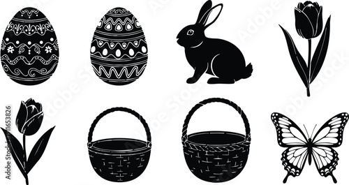 Black silhouette vector icons of decorated easter eggs rabbit tulip flower woven baskets and butterfly collection isolated on white background festive spring holiday symbols set