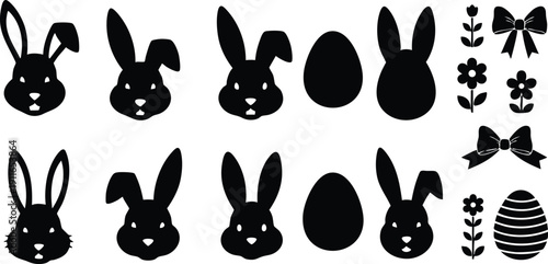 Black silhouette icons of various bunny heads different ear styles facing front with decorated eggs flowers and bows in flat design isolated on white background