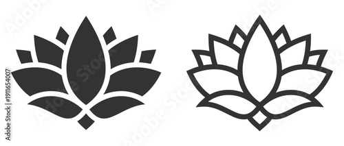 Lotus flower icon in solid and outline styles, representing peace and spirituality