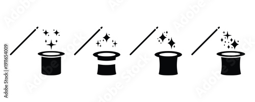 magic hat with wand and sparkles, illustrating magic trick and illusion