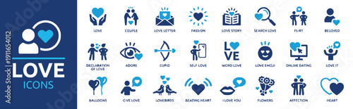 Love icons collection featuring symbols of romance, relationships, and affection like hearts, couples, and gifts