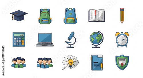 Collection of educational icons and school supplies on a white background.