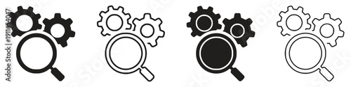 Magnifying glass and gears icons representing search, analysis, and mechanics