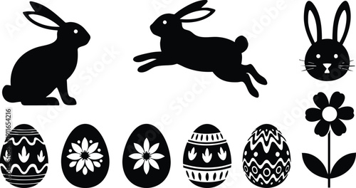 Black silhouette easter rabbits sitting and jumping facing each other with decorated eggs and flower vector art set isolated on white background