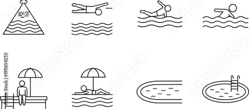 Minimal line icon set of beach, swimming, seaside leisure, summer vacation, water activities, relaxation, and coastal lifestyle scenes