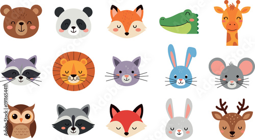 Cute animal face icons illustration set with bear, panda, fox, lion, rabbit, mouse, owl, giraffe, and other friendly wildlife characters for kids designs