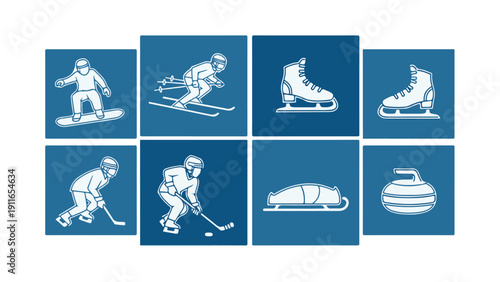 Corporate-style winter sports icon set, clean white outline illustrations on blue panels, professional sports branding, modern and structured visual identity