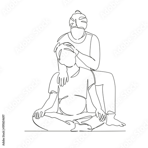 One continuous single drawing line art flat doodle instructor, therapy, pregnancy, female, gym, pregnant, stretching. Isolated image hand draw contour on a white background; hand drawn; not AI